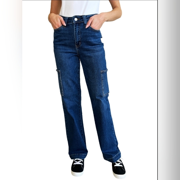 High-Rise Waist Cargo Pockets Denim Boyfriend Straight Leg Jean Pants Judy Blue - Picture 2 of 13